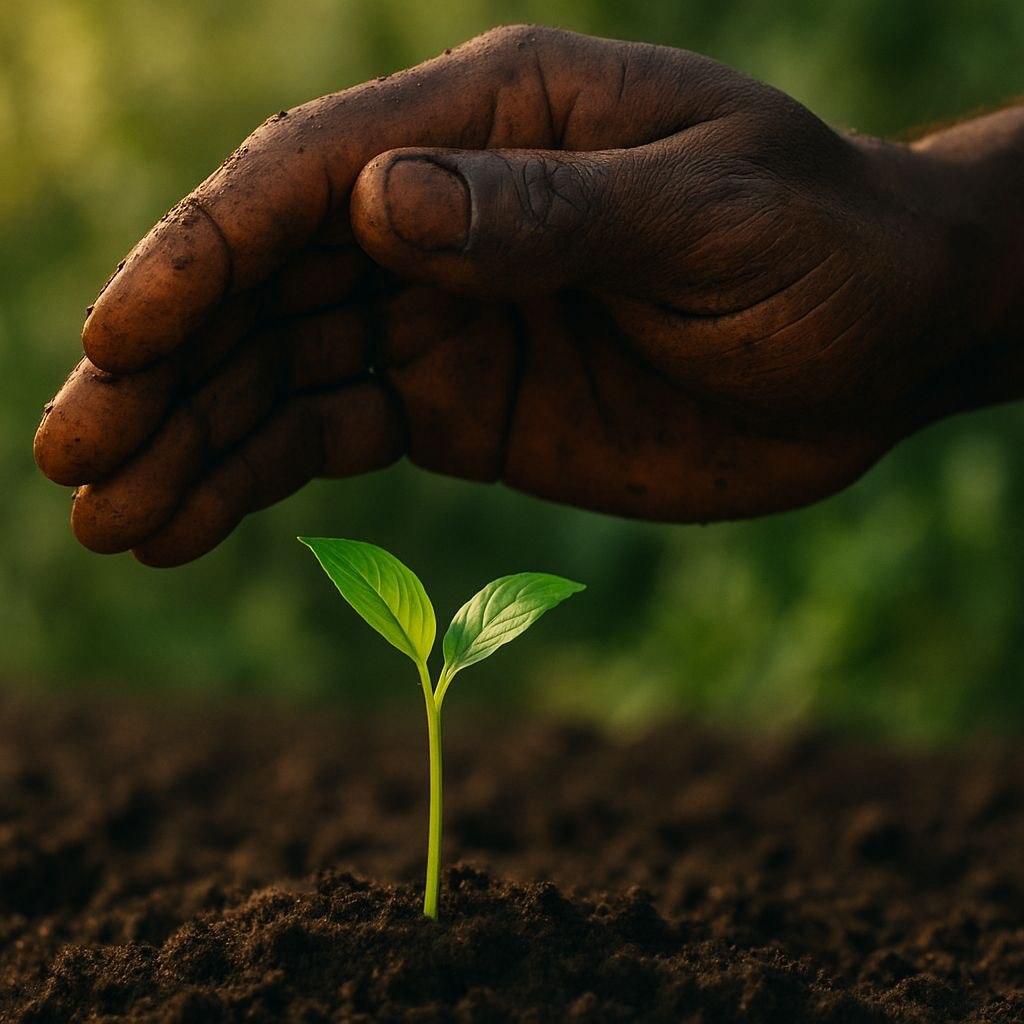 Hands protecting a young plant - symbolizing sustainable agriculture and food security